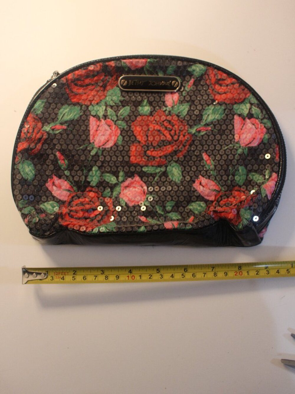 Betsey Johnson Black Sequin Rose Print Cosmetic Pouch